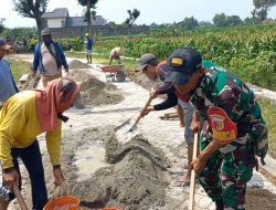 Babinsa Bersama Warga giat kerja bakti memperbaiki jalan akses sawah di desa binaan